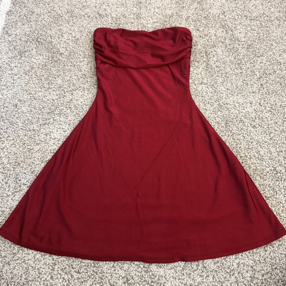 Burgundy Red Strapless Skater Mini Dress XS Cowl Neck Party Cocktail 90s y2k